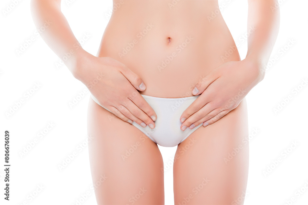 Maternity fertilization disease infertility concept. Cropped close up photo of slim skinny woman's body in white underlinen hands touching gesturing pain in intimate zone isolated on white background