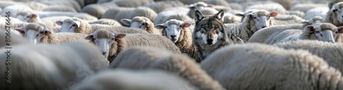 Wolf camouflaged among a flock of sheep.