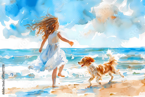A girl  in a white dress and a dog are running along the seashore. Happiness, summer, vacation, vacations. Watercolor illustration.