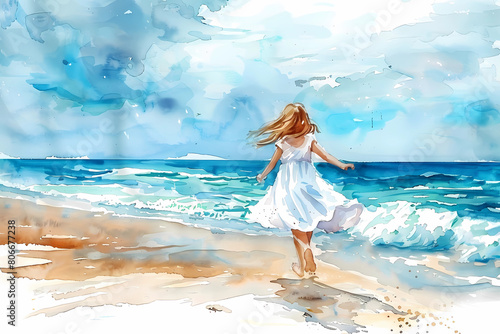 A girl  in a white dress runs along the seashore. Happiness, summer, vacation, vacations. Watercolor illustration.