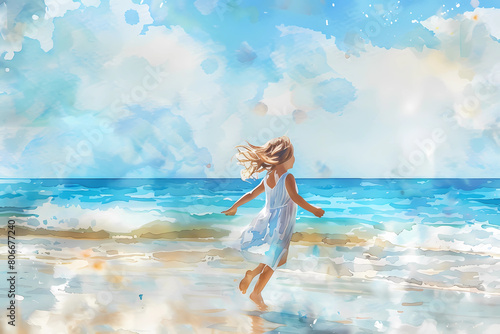 A girl  in a white dress runs along the seashore. Happiness, summer, vacation, vacations. Watercolor illustration.