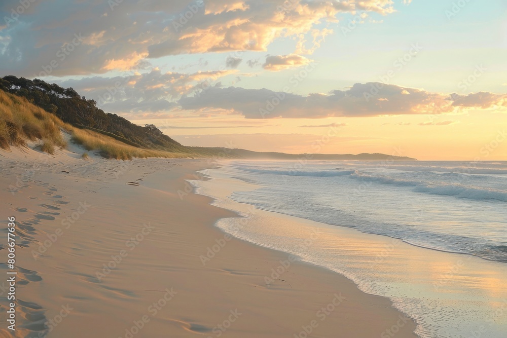 Golden sunset reflecting on waves and pebbles on sandy beach