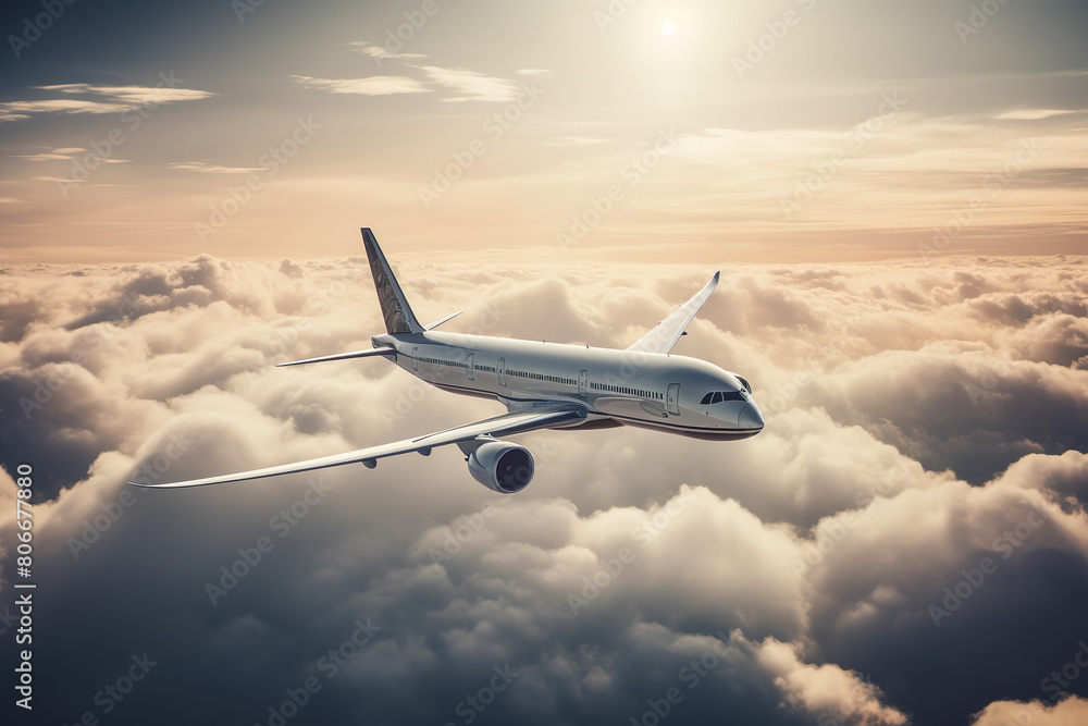 Obraz premium Aeroplane Soaring Above Clouds Illuminated By The Sun - Generative AI