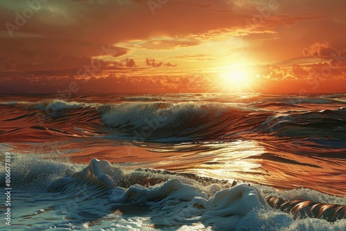 Golden sunset illuminating ocean waves and foamy surf