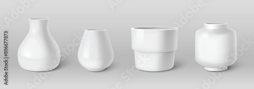 White ceramic vase and pot for flowers. Realistic 3d vector illustration set of different shape empty glossy porcelain bottle for home interior decoration. Plant holder classic pottery mockup.