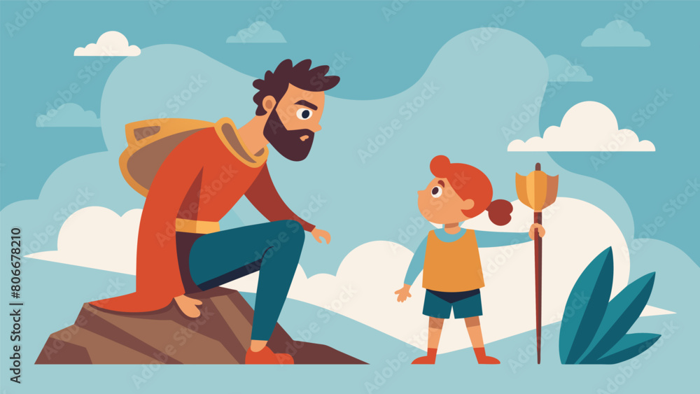 A parent encouraging their child to approach challenging situations with courage and determination using examples from ancient Stoic teachings.. Vector illustration