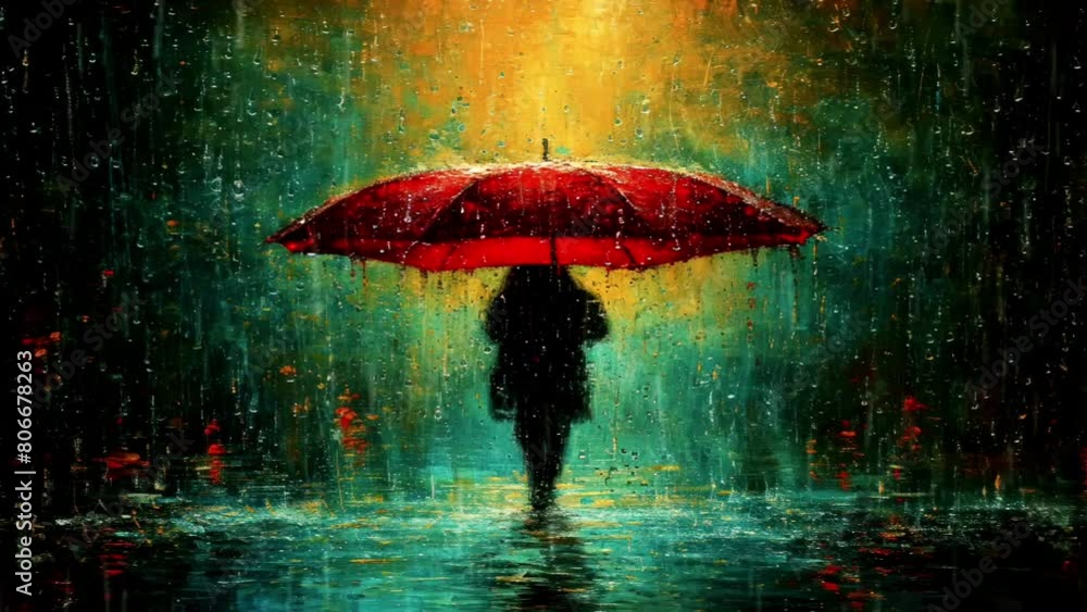 Rain water wets an umbrella floating above the ground when the rainy ...