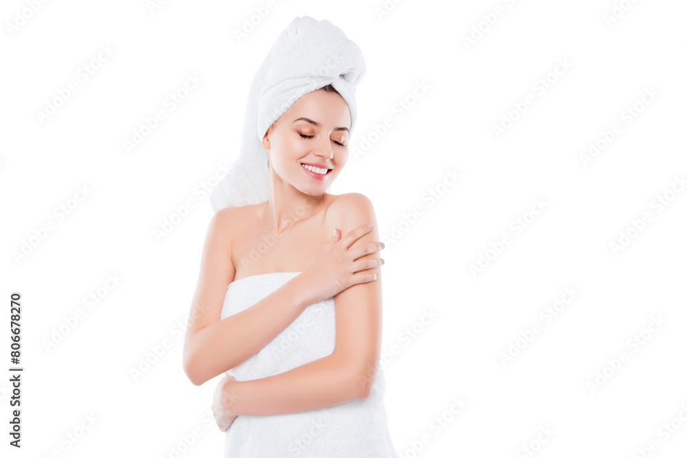 Portrait of charming sensual girl after shower with towel on head touching enjoying her perfect smooth skin with close eyes isolated on white background. Wellbeing harmony idyllic concept Portrait of charming sensual girl after shower with towel on head touching enjoying her perfect smooth skin with close eyes isolated on white background. Wellbeing harmony idyllic concept