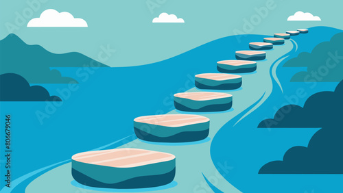 A series of small stepping stones tered over a rushing river representing the stoics determination and persistence in the face of adversity.. Vector illustration