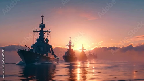 A fleet of ships gracefully floating on the calm surface of a wide body of water, A row of large, imposing navy destroyers in stark contrast with a peaceful, cloudless sky photo
