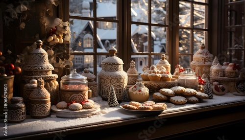 Christmas cookies on the windowsill in the old house. Christmas background