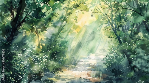 Watercolor illustration of a gentle stream meandering through a meadow, the soothing flow of water evoking tranquility and calm