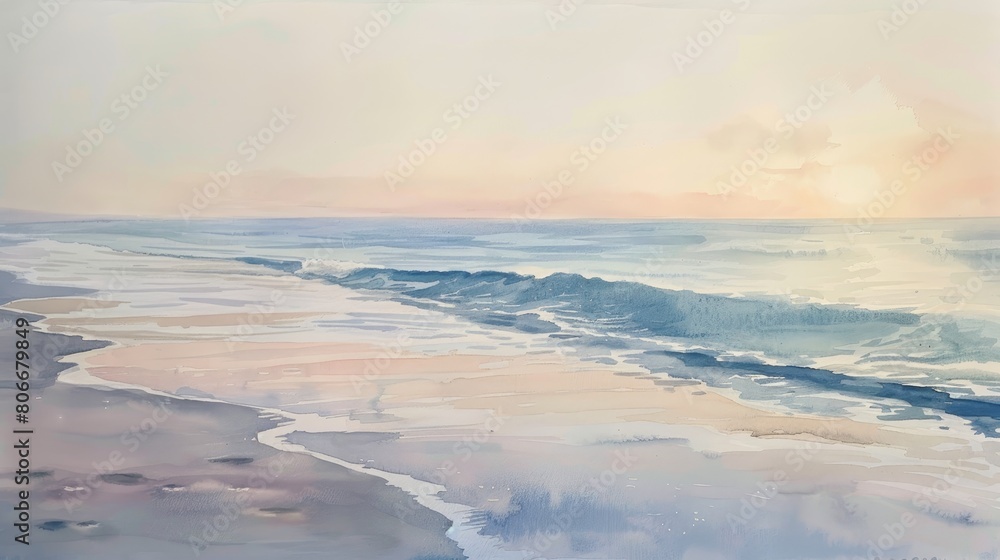 Watercolor illustration of a quiet beach scene at dusk, the soft hues of lavender and pink creating a relaxing atmosphere in the clinic