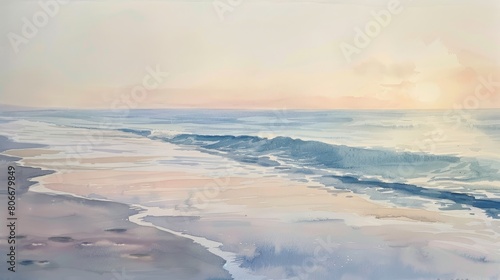 Watercolor illustration of a quiet beach scene at dusk, the soft hues of lavender and pink creating a relaxing atmosphere in the clinic
