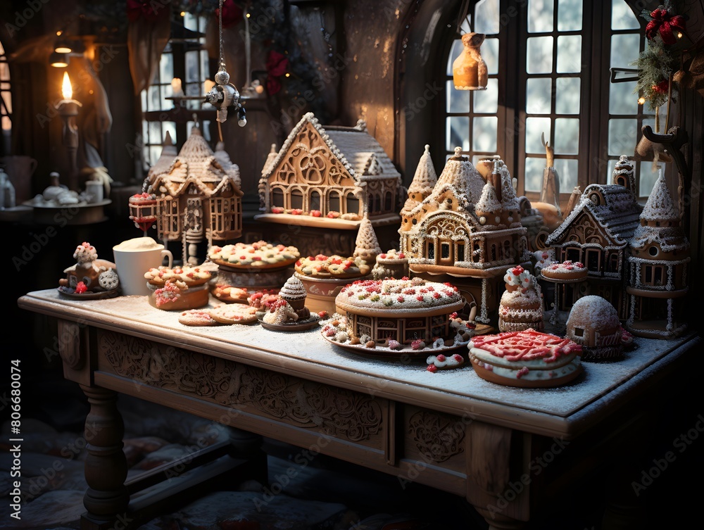 Cake and gingerbread in the shape of a house on a table