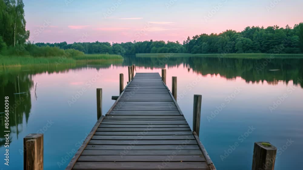 A wooden dock extends over calm and clear lake waters surrounded by serene natural surroundings, A rustic, wooden fishing pier stretching out into a serene lake at dusk A wooden dock extends over calm and clear lake waters surrounded by serene natural surroundings, A rustic, wooden fishing pier stretching out into a serene lake at dusk