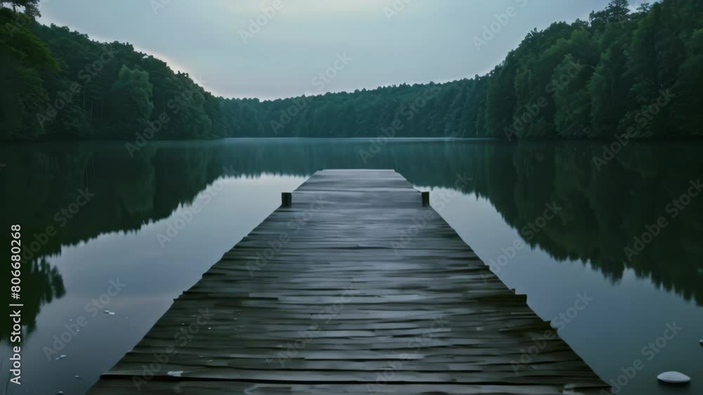 Wooden Dock in the Middle of a Lake, A rustic, wooden fishing pier stretching out into a serene lake at dusk Wooden Dock in the Middle of a Lake, A rustic, wooden fishing pier stretching out into a serene lake at dusk