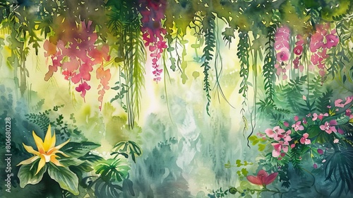 Watercolor depiction of a hanging garden with cascading flowers and plants, the lush greens and vibrant colors creating a restful hideaway photo