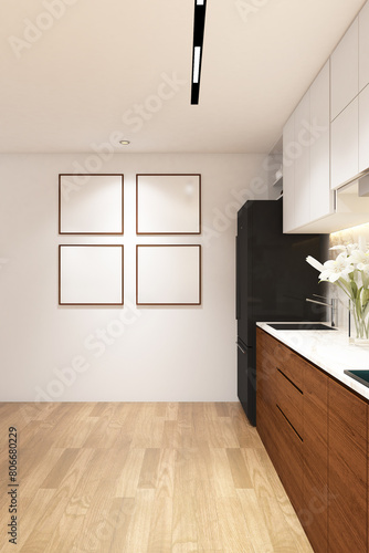 3d rendering illustration of interior design pantry with breaksfast table, chair and frame mock up. Light wood and white duco cabinet, wood parquet floor and white ceiling. Set 1 photo