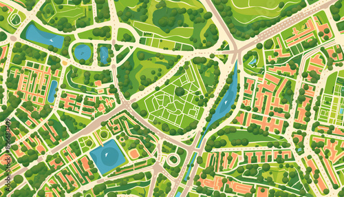 Colorful illustrated city map with detailed roads and parks