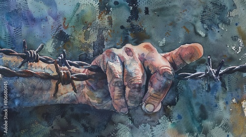 Watercolor illustration focusing on a tense moment, a hand tightly holding onto barbed wire, tension and resolve captured in every stroke photo