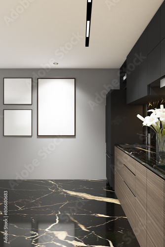 3d rendering illustration of interior design pantry with breaksfast table, chair and frame mock up. Light wood and dark gray duco cabinet, black marblet floor and white ceiling. Set 5 photo