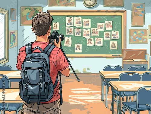 30 Illustration of a school photographer taking class pictures photo