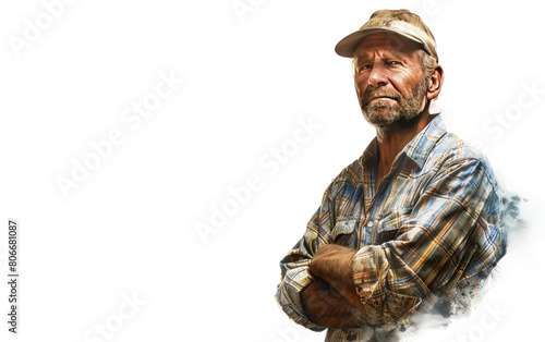 A Farmer Amid Fields, Against a White Backdrop, Rural Labor, Fields and Overalls