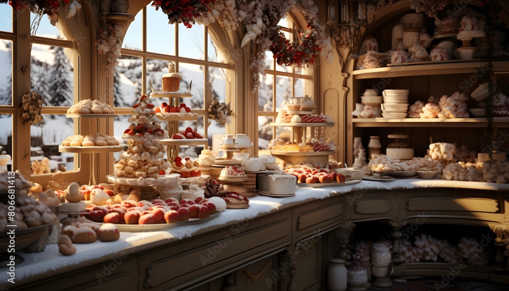 Shelves with sweets in the shop window of a Christmas market