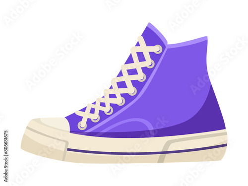 A vector illustration of a purple high-top sneaker on a white background, depicting a casual footwear style. Vector illustration