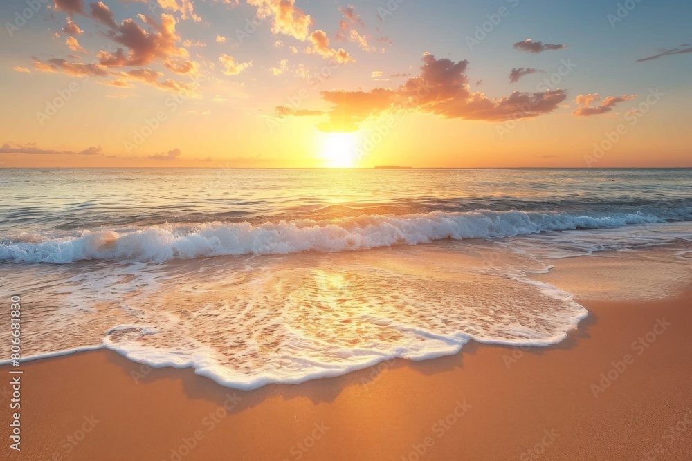 Fototapeta premium Sunset over calm sea with sandy shore