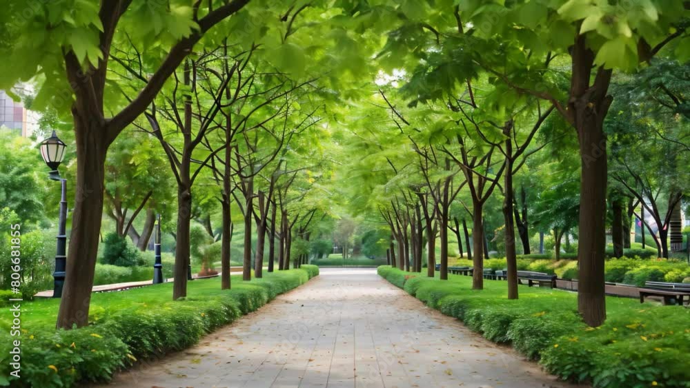 A curving walkway enclosed by towering trees offers a serene path for strolling in the park, A serene tree-lined walkway in a tranquil city park A curving walkway enclosed by towering trees offers a serene path for strolling in the park, A serene tree-lined walkway in a tranquil city park