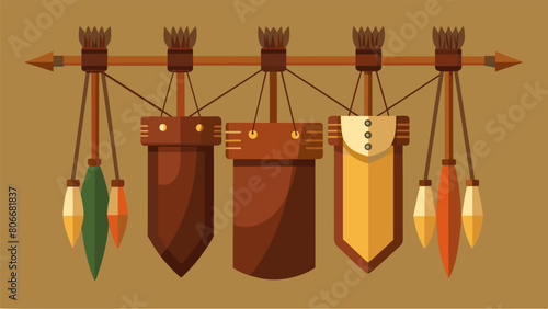 Antique leather quivers hang from the archers belts holding a variety of arrows tipped with bone flint and other traditional materials.. Vector illustration