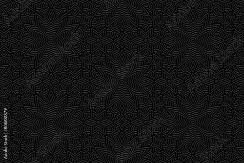 Embossed black background, tribal vintage cover design. Geometric creative 3D pattern. Handmade, doodling, ornaments. Ethnic style, traditions of the East, Asia, India, Mexico, Aztec, Peru.