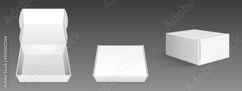 White closed and open cardboard box mockup. Realistic vector illustration set of blank rectangular carton package for gift or delivery concept. Empty paper pack template for branding and presentation.