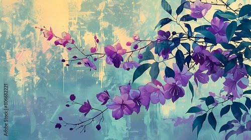 purple flowers on a green branch pattern illustration poster background