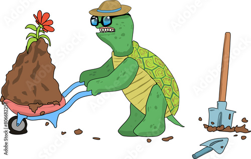 A turtle pulls a construction cart with a pile of dirt and a flower that has just been dug up with a shovel. Vector illustration a turtle in a straw hat overcoming the weight pulls a cart with a