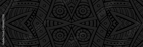 Banner, tribal cover design. Relief geometric 3D pattern on a black background. Exotic ornaments, handmade, doodling. Ethnic style, traditions of the East, Asia, India, Mexico, Aztec, Peru.