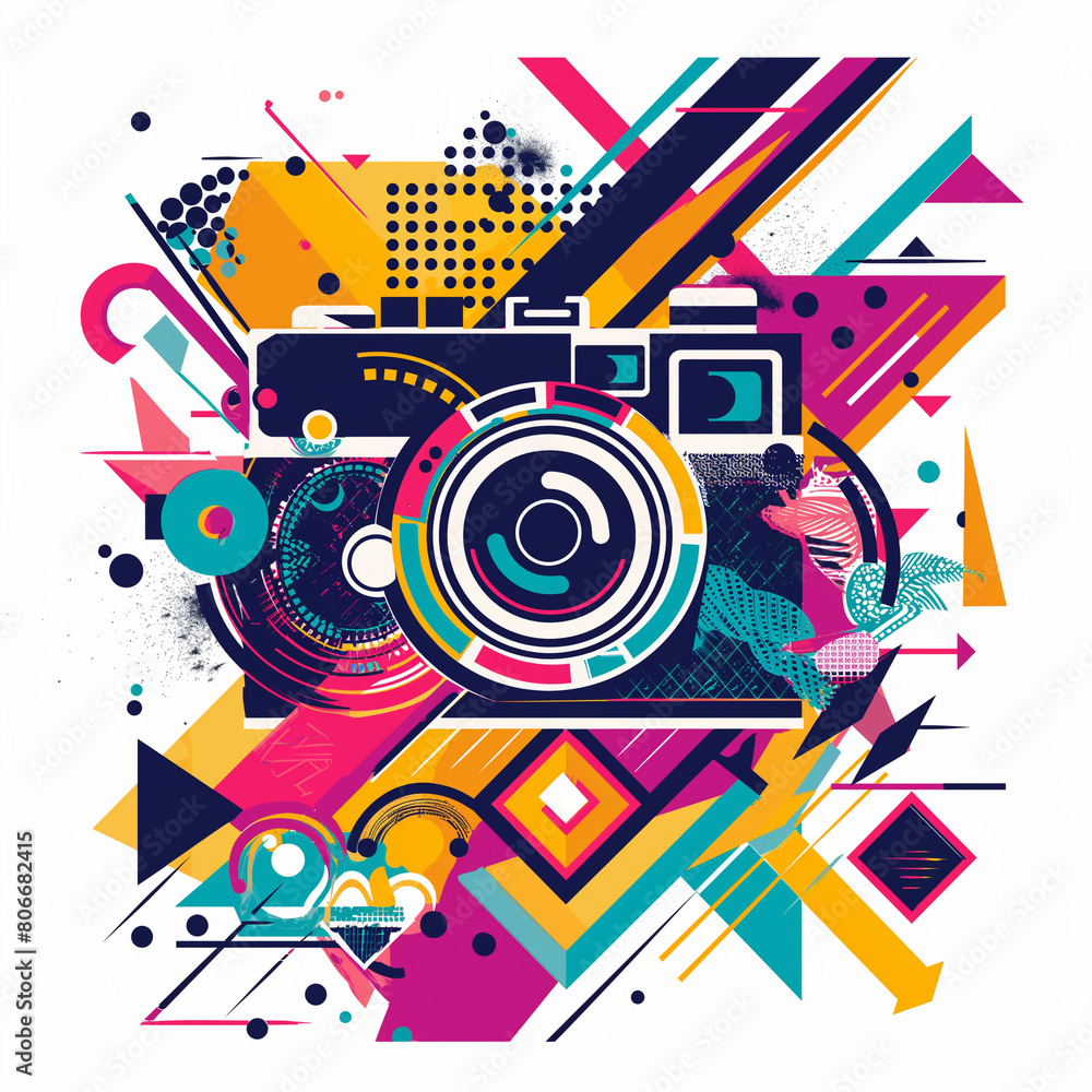 Obraz premium A colorful abstract camera art with a background filled with geometric shapes and patterns