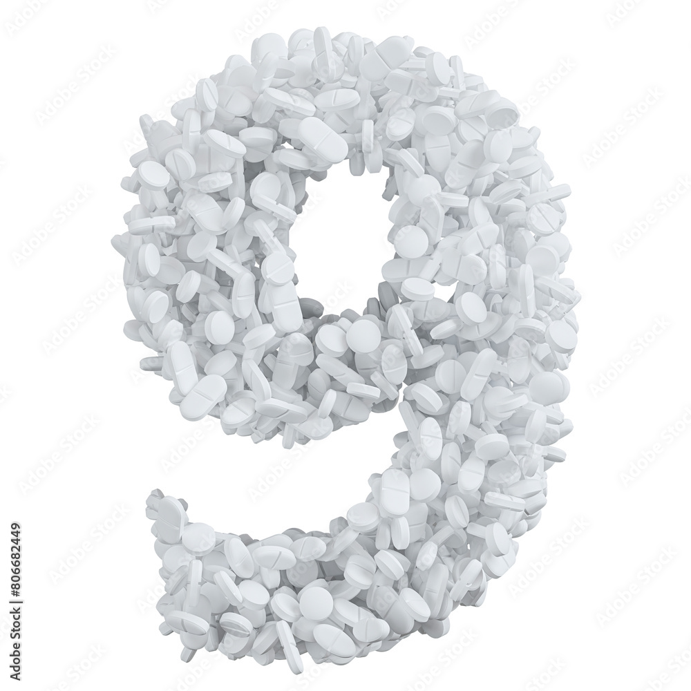 Alphabet made of white pills, number 9 Alphabet made of white pills, number 9
