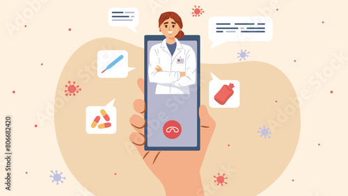 A telemedicine concept illustration with a doctor on a smartphone screen, icons of medical elements on a beige background, Vector illustration. Vector illustration