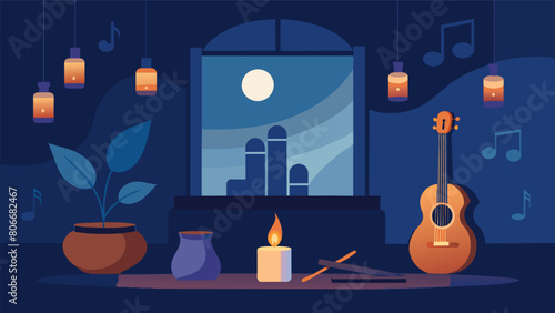 Soft instrumental music playing in the background as soft candlelight dances around the room setting the mood for a peaceful stretching routine.. Vector illustration