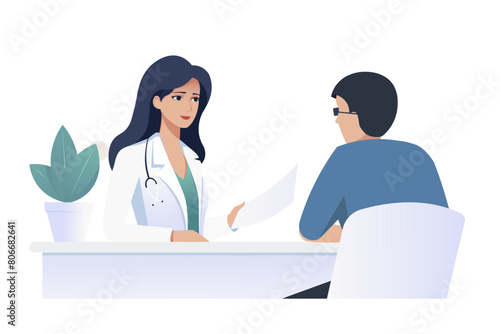 Doctor consulting with a patient, vector illustration, on a light background, concept of healthcare and medical advice. Vector illustration
