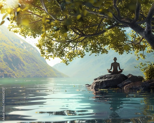A person is meditating on a rock in the middle of a lake. The sun is shining through the trees and the water is calm. The person is at peace.