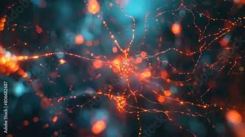 Glowing abstract digital neuron connections, Hologram human brain view