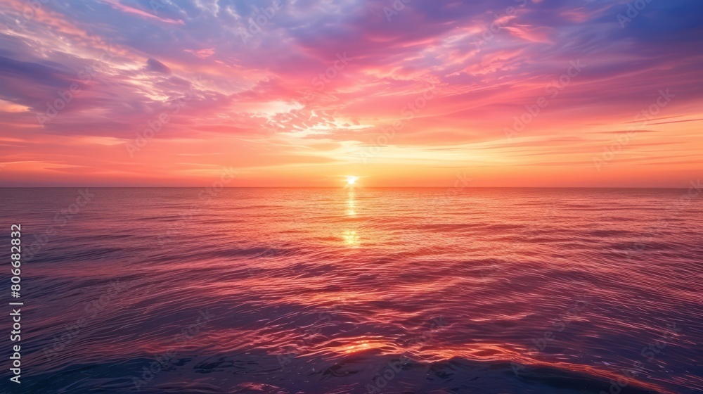 A vibrant sunset over the ocean, with fiery orange and pink hues reflecting off the calm waters, evoking feelings of warmth and tranquility. 