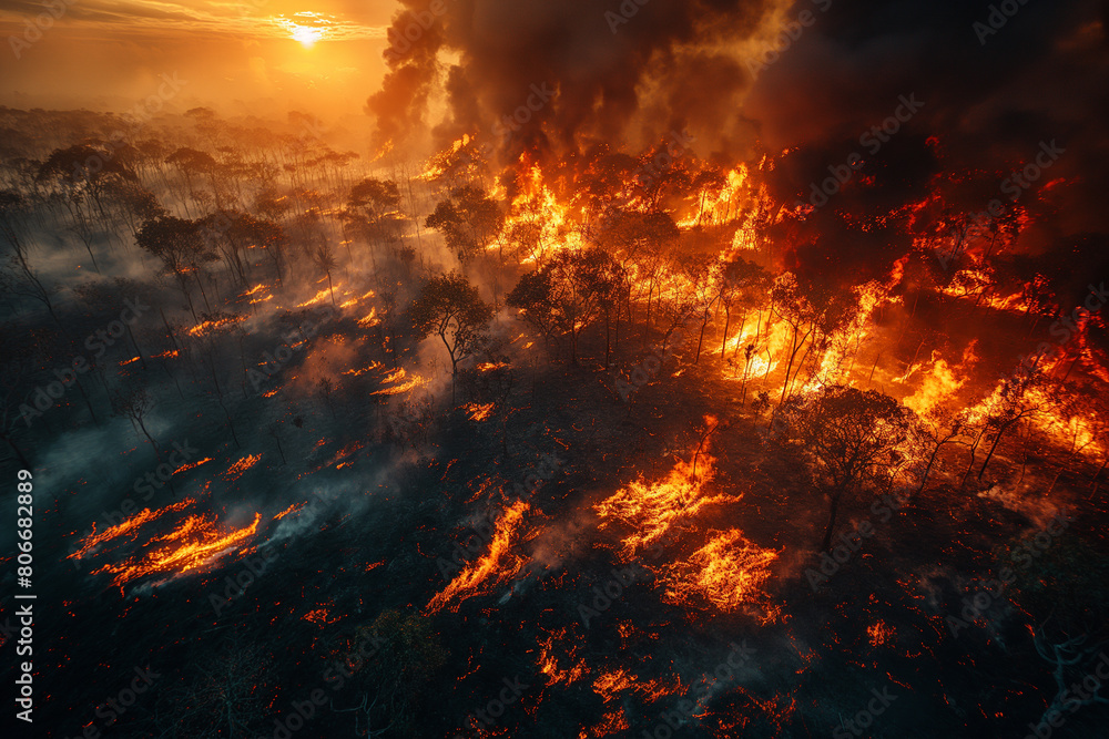 A forest fire is raging with flames shooting up into the sky A forest fire is raging with flames shooting up into the sky