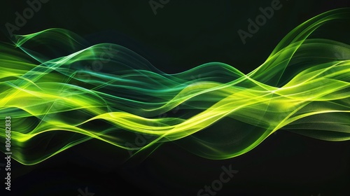 Vibrant green and soft yellow curves on a black base with a glowing effect.