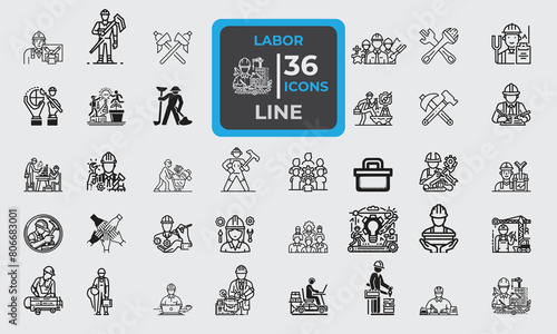 Set of 36 line icons related to labor, construction, labor day, renovation, industrial work. Outline icon collection. Editable stroke. Vector illustration
