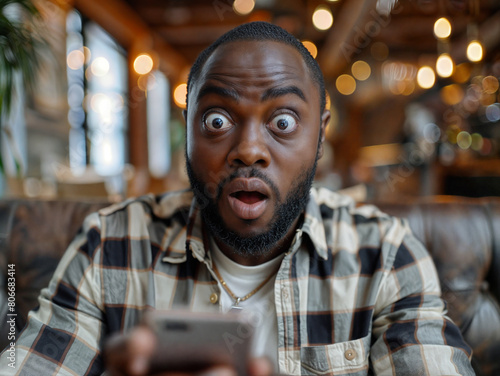 Young black man with a surprised expression receives shocking news while on a mobile phone photo